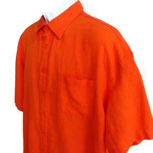 Linen Blend Shirt Neon Orange Button Up Short Sleeve XXL Mens Side Vents Pocket